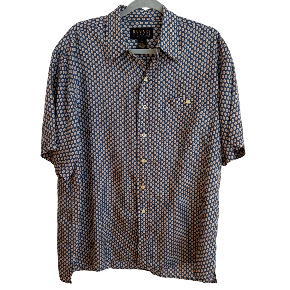 Bogari Studio Silk Button Down Shirt Mens Medium Blue Geometric Short Sleeve
